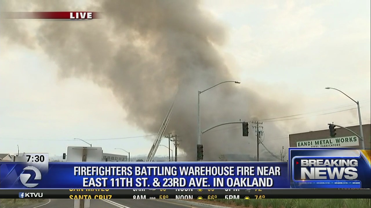 Three-alarm warehouse fire in Oakland